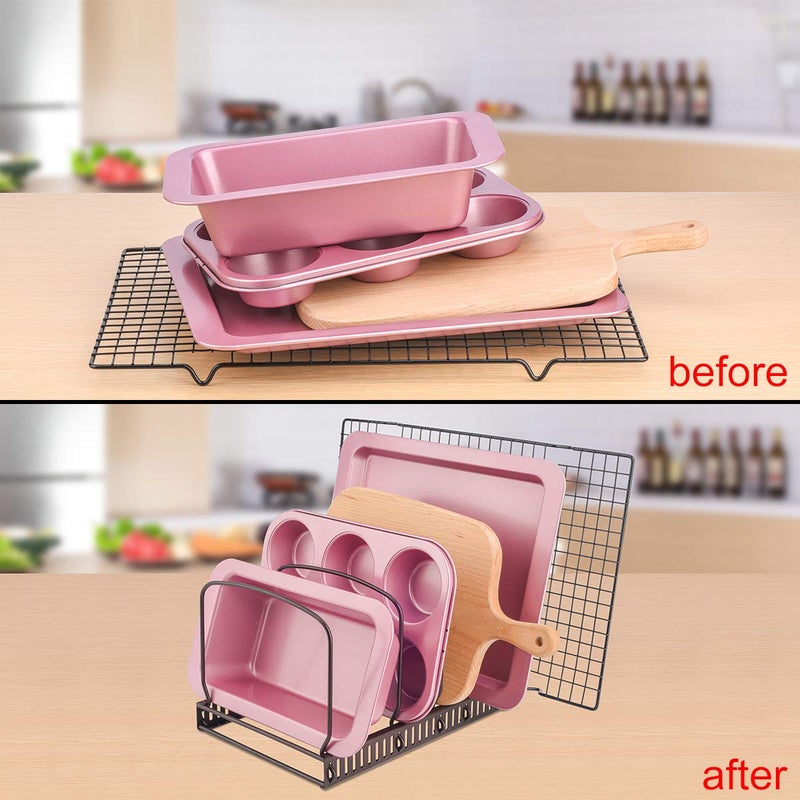 Toplife 10+ Bakeware Organizer Rack for Kitchen Bakeware, Cookware, Dinnerware, Cutting Boards, Plates, Pot and Pan Lids (Brown) - Image 3
